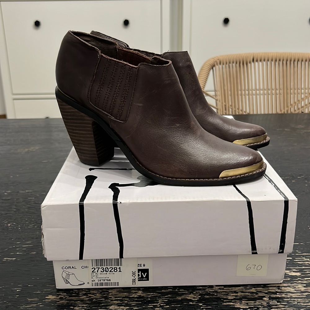 DV by Dolce Vita Coral Metal Toe Ankle Booties in Chocolate Brown
